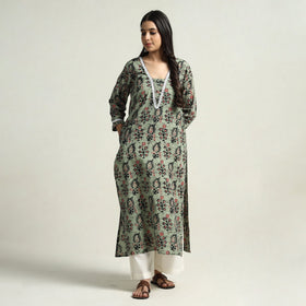 Light green - hand batik printed cotton straight kurta