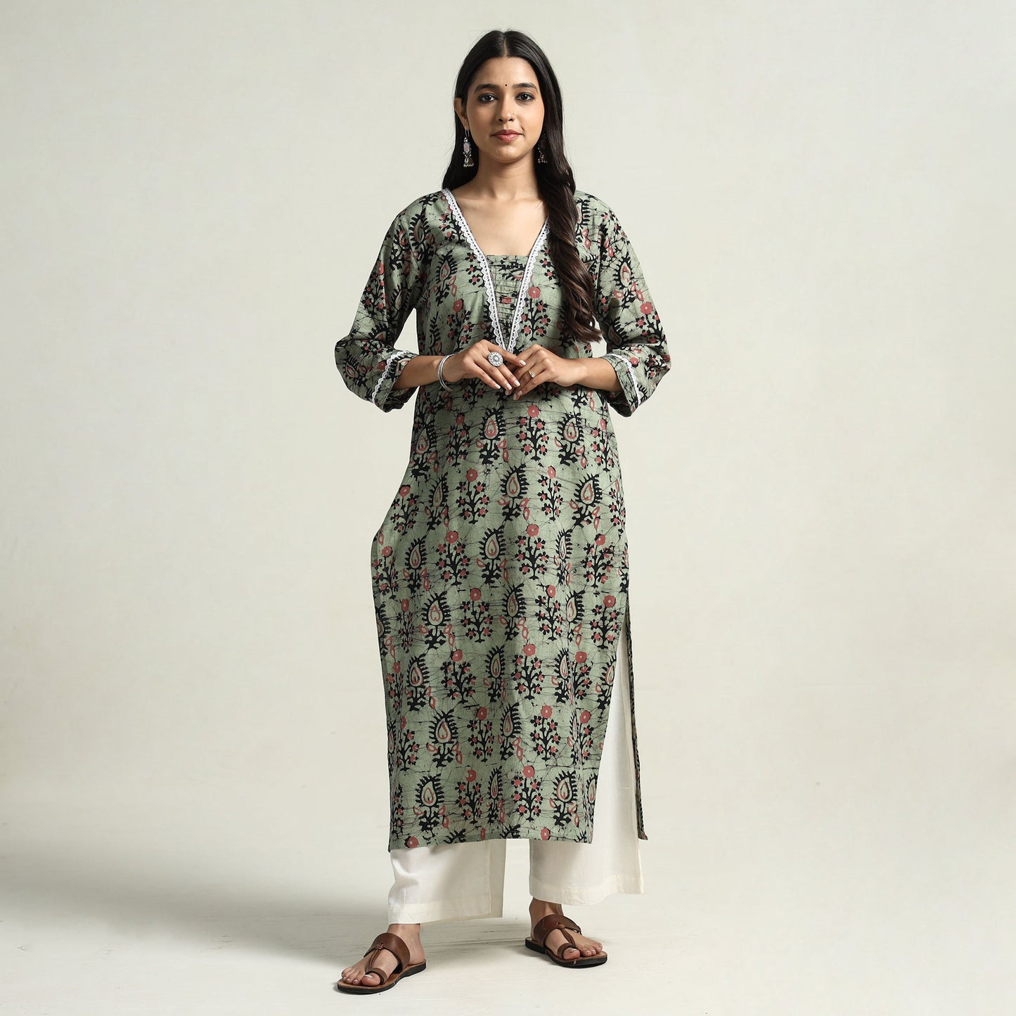 Light green - hand batik printed cotton straight kurta