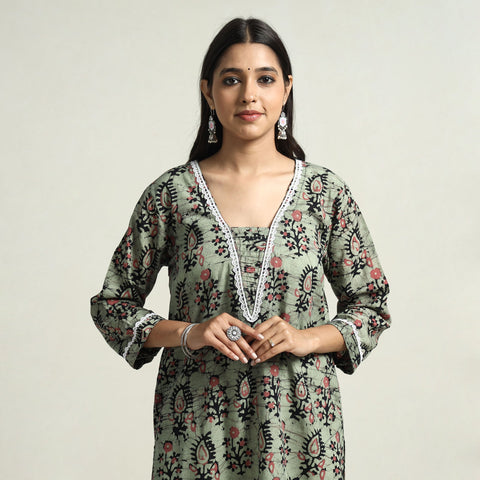 Light green - hand batik printed cotton straight kurta