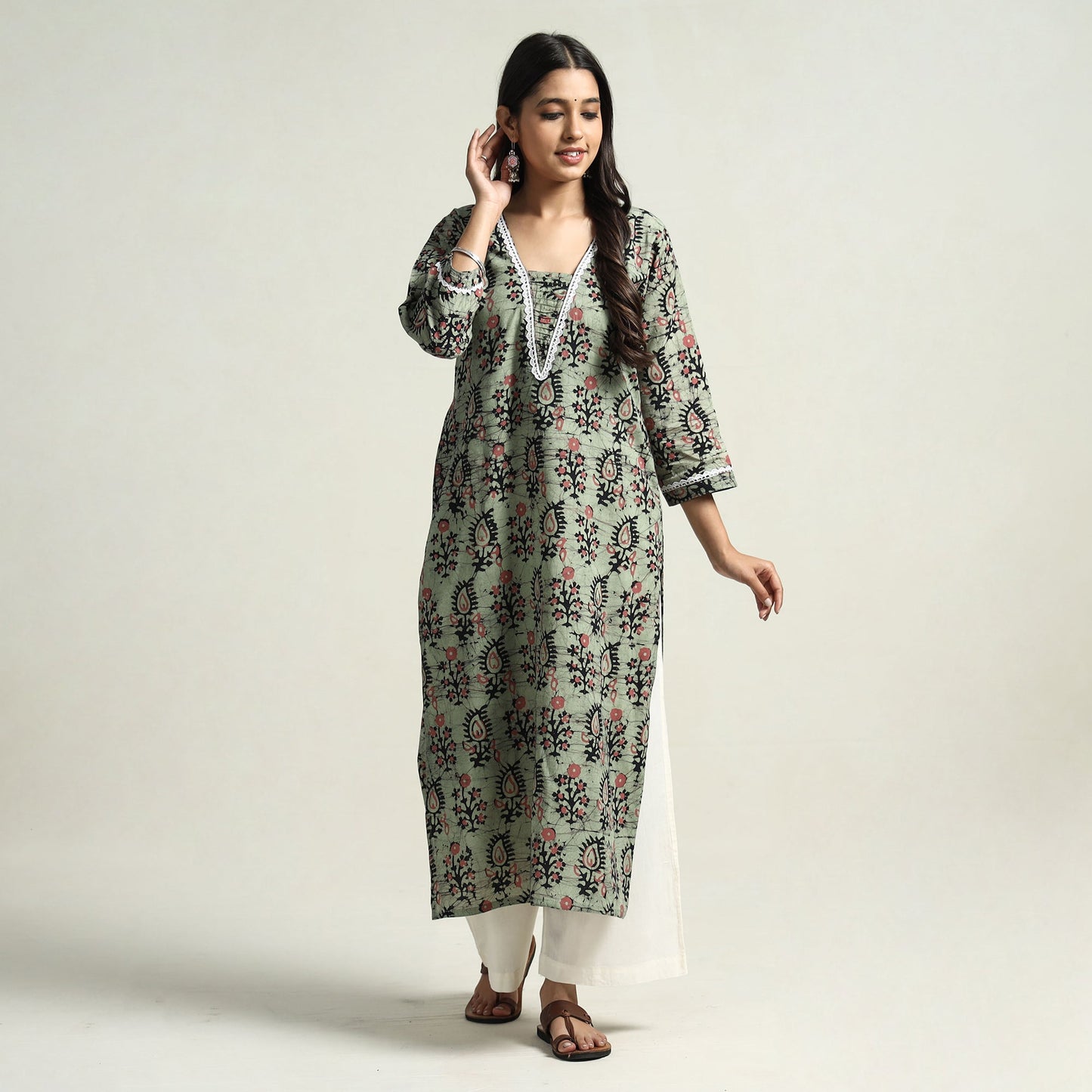 Light green - hand batik printed cotton straight kurta