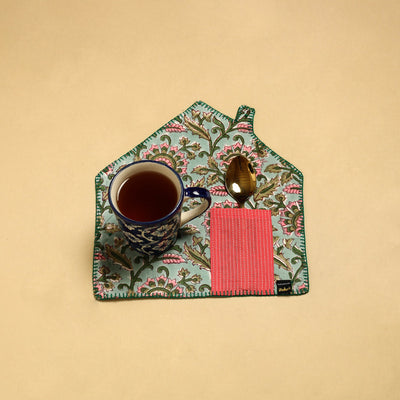 Light Green Hand Embroidered Floral Pot Holder with Pocket 