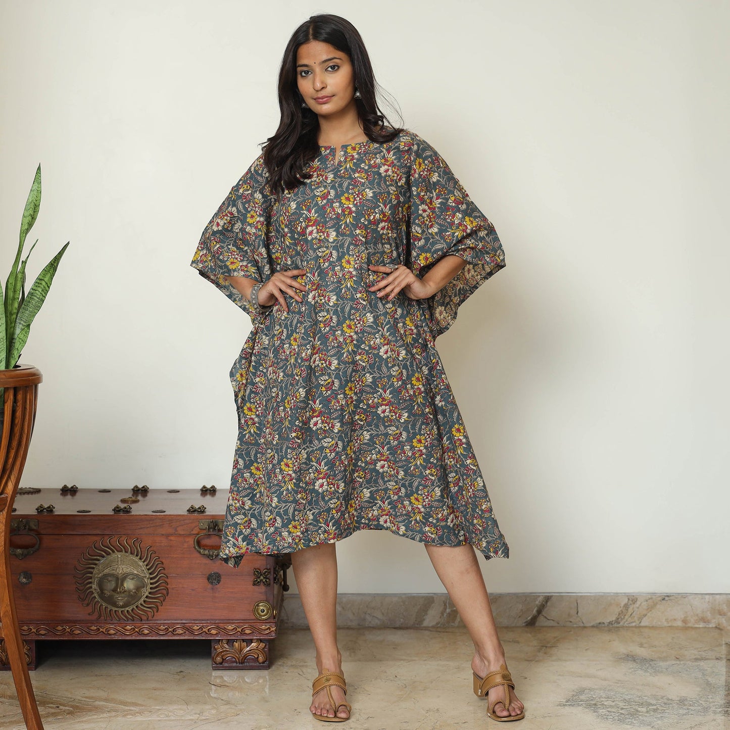 Cornflower Blue Kalamkari Print Cotton Kaftan Kurta For Women