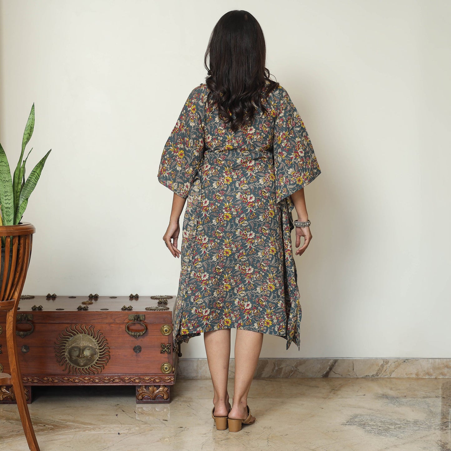 Cornflower Blue Kalamkari Print Cotton Kaftan Kurta For Women