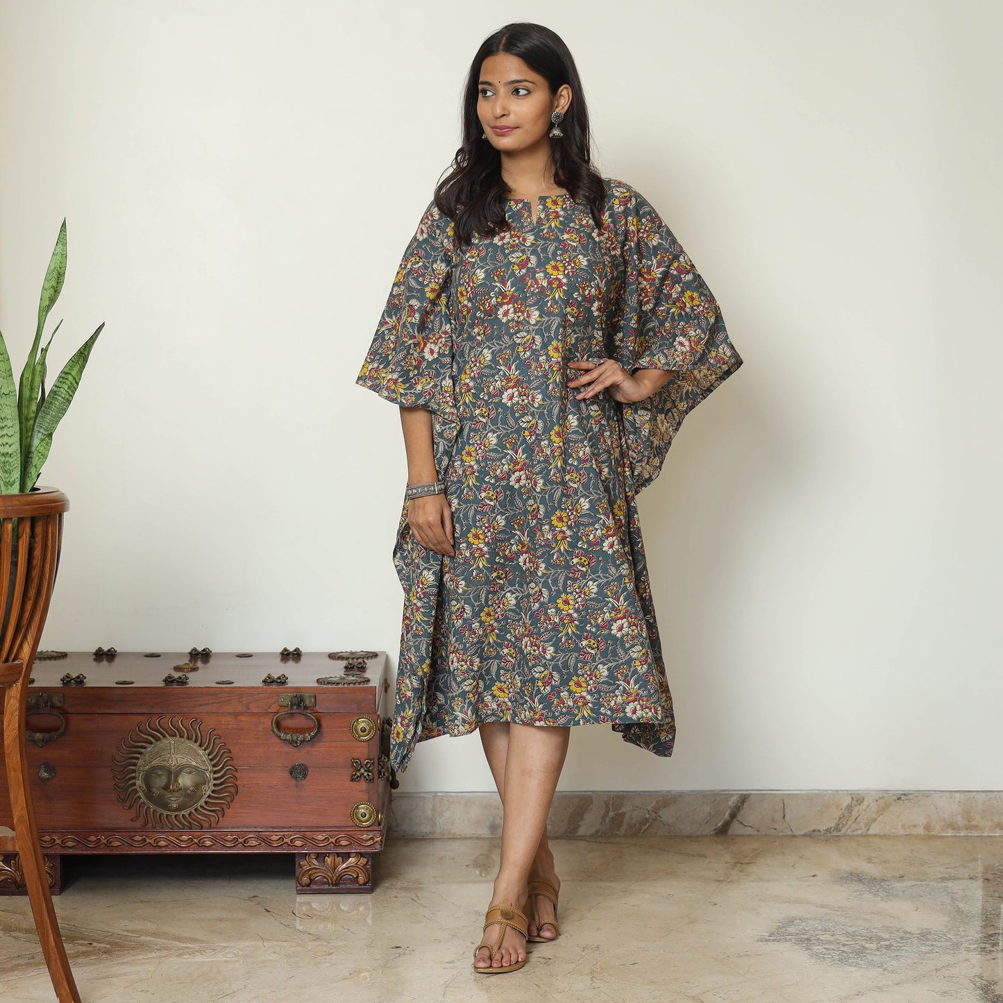Cornflower Blue Kalamkari Print Cotton Kaftan Kurta For Women