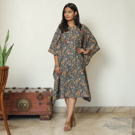 Cornflower Blue Kalamkari Print Cotton Kaftan Kurta For Women