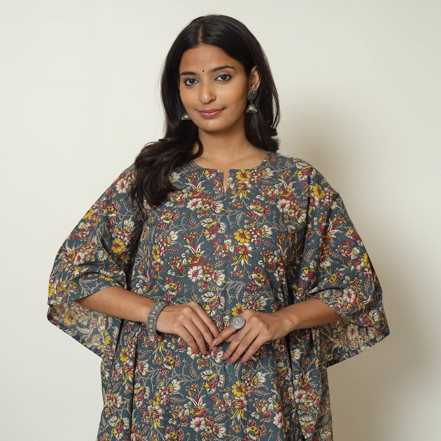 Cornflower Blue Kalamkari Print Cotton Kaftan Kurta For Women