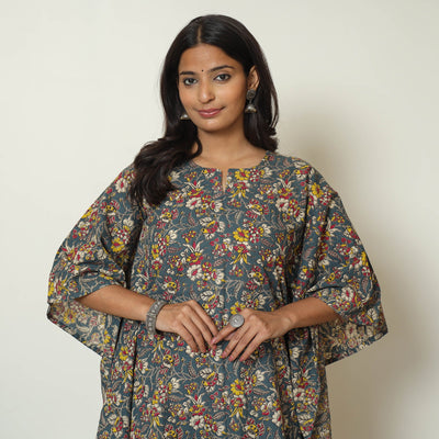 Cornflower Blue Kalamkari Print Cotton Kaftan Kurta For Women
