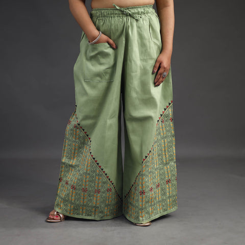 Light green - kantha hand embroidery palazzo in cotton 87