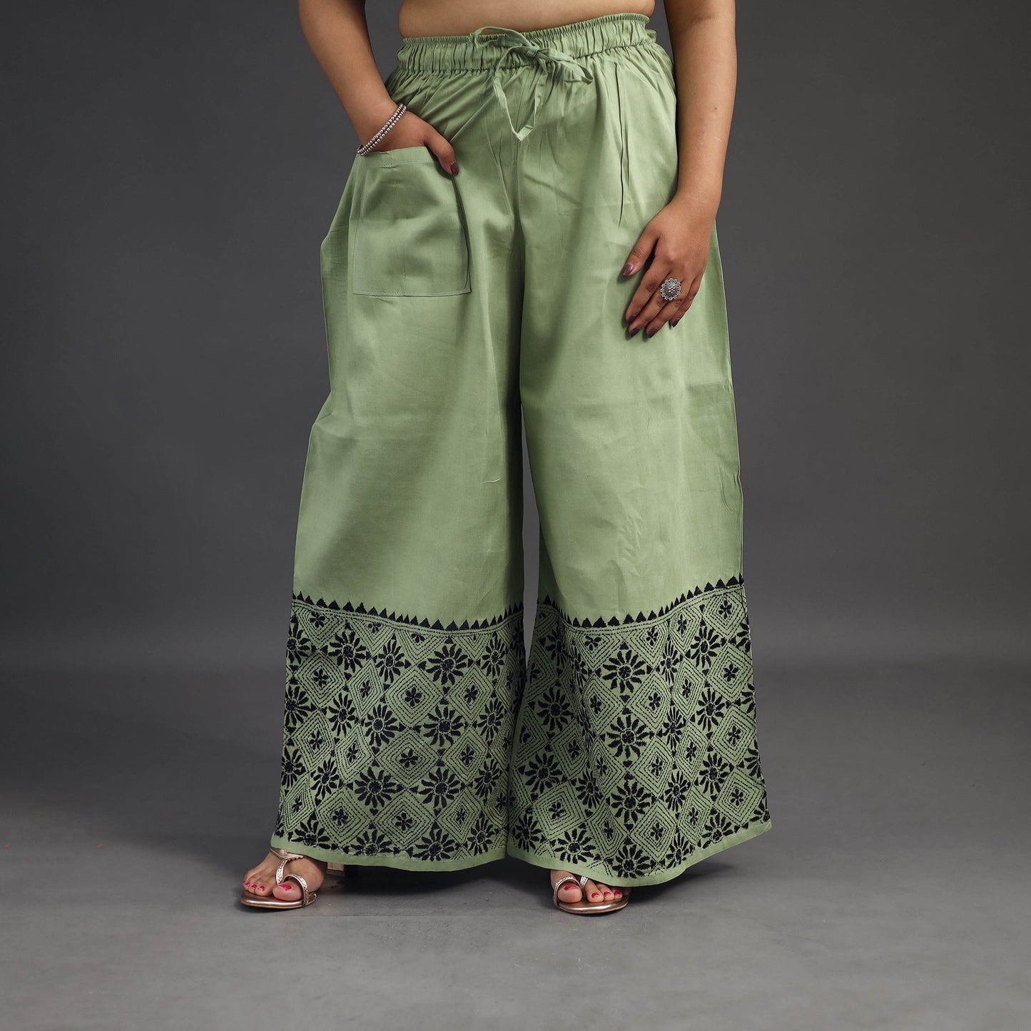 Buy Light Green Kantha Hand Embroidery Palazzo in Cotton