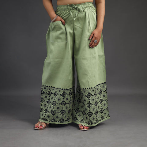 Buy Light Green Kantha Hand Embroidery Palazzo in Cotton