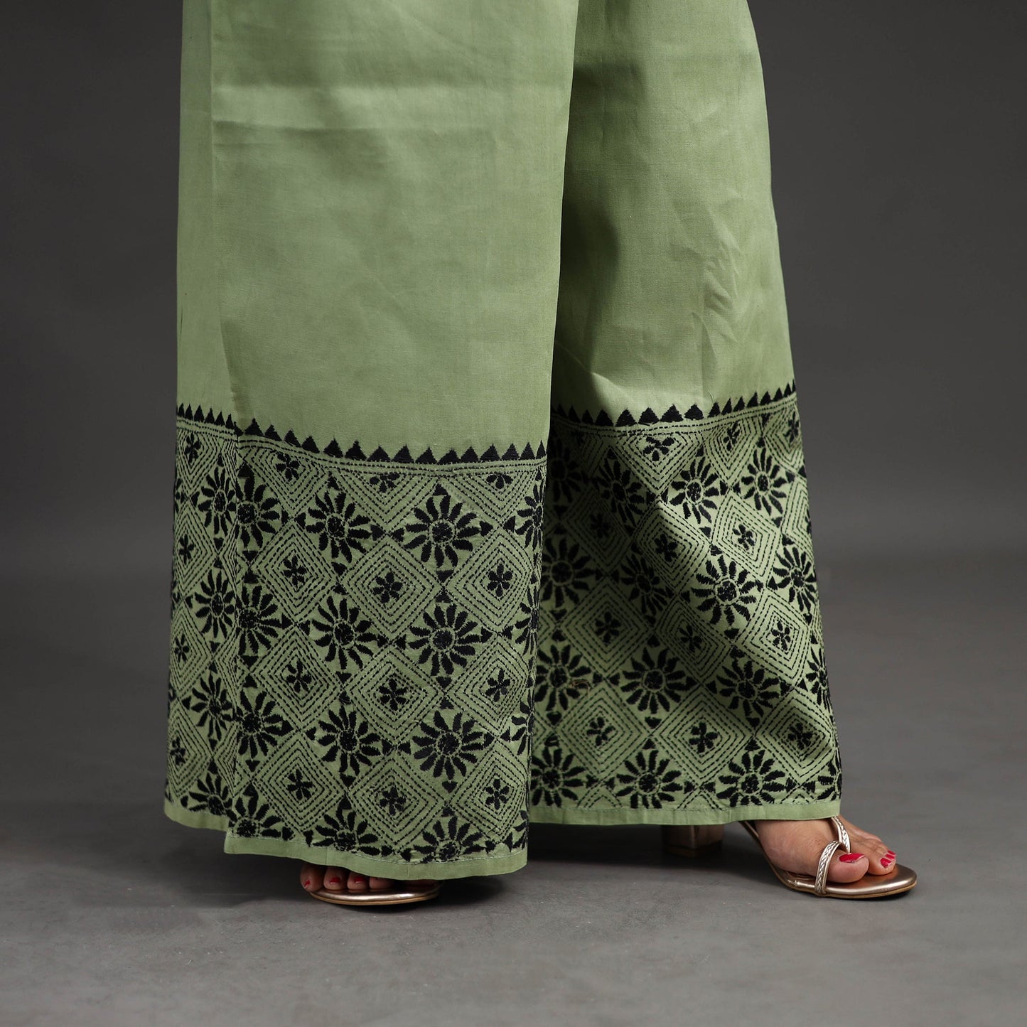 Buy Light Green Kantha Hand Embroidery Palazzo in Cotton