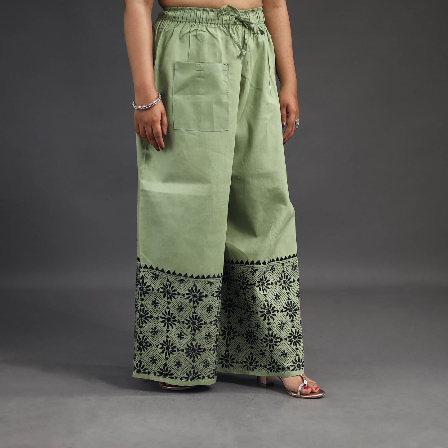 Buy Light Green Kantha Hand Embroidery Palazzo in Cotton