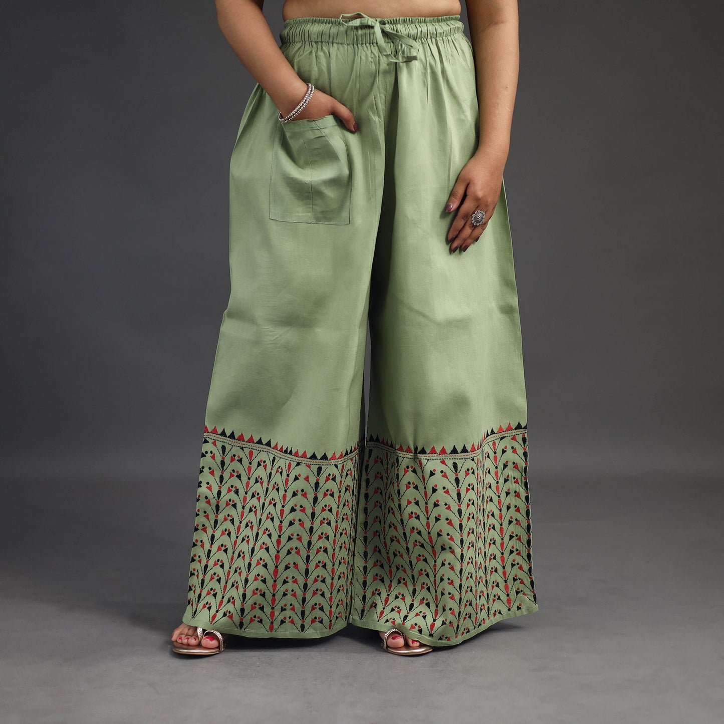 Light green - kantha hand embroidery palazzo in cotton 91