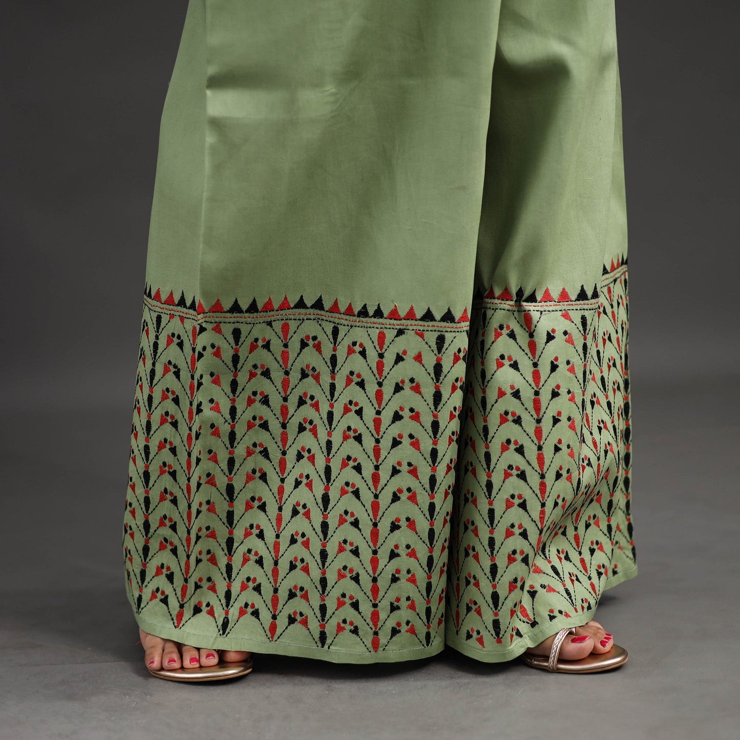 Light green - kantha hand embroidery palazzo in cotton 91