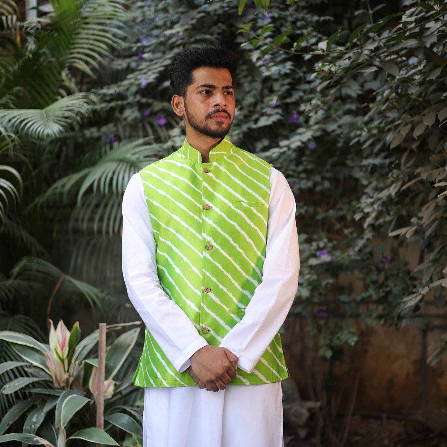 Leheriya Tie & Dye Chanderi Silk Handloom Light Green Nehru Jacket