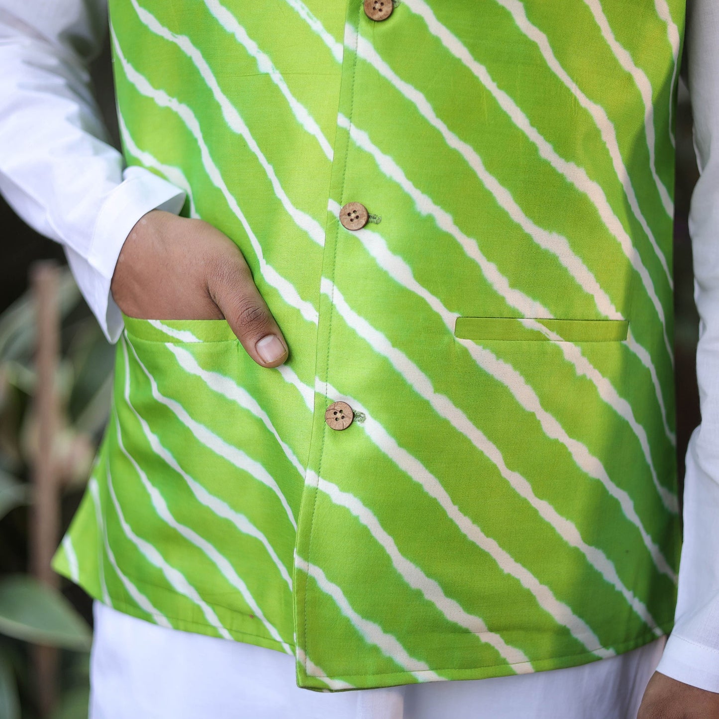 Leheriya Tie & Dye Chanderi Silk Handloom Light Green Nehru Jacket