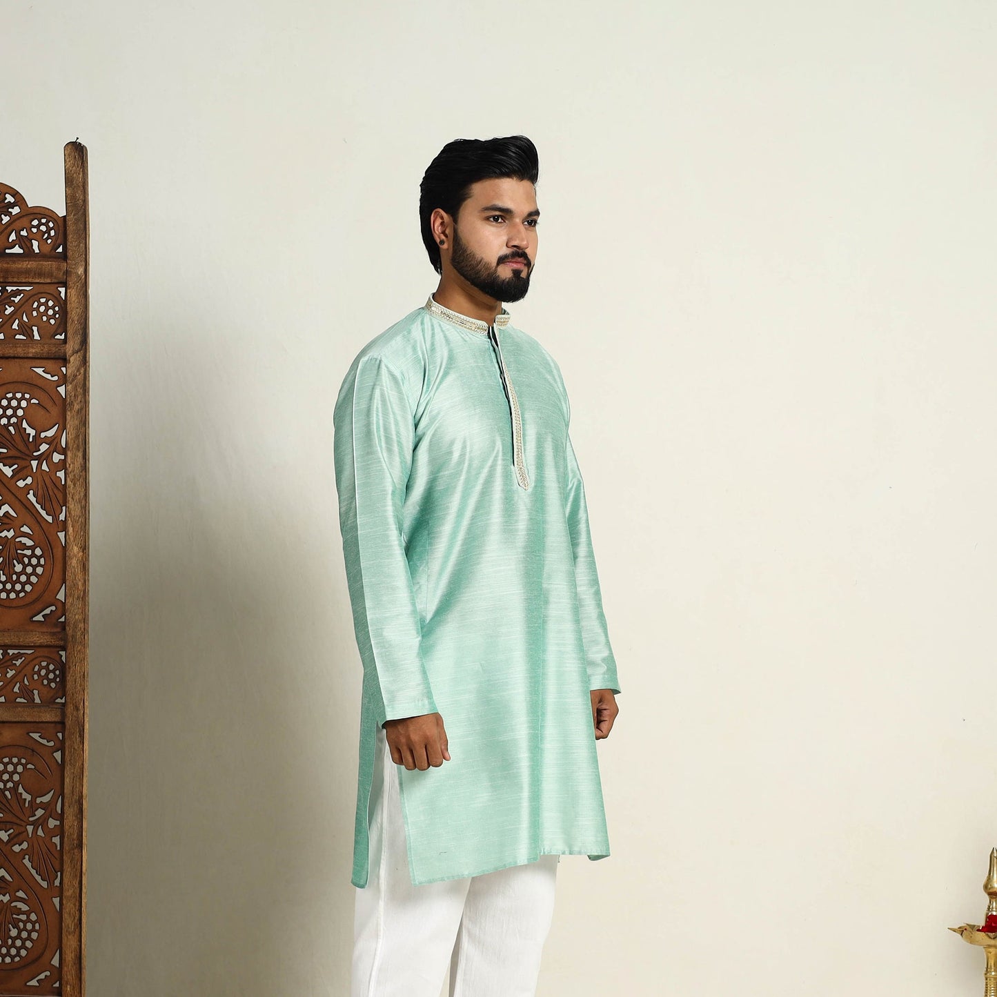 Light Green Slub Silk Kurta for Men with Detailed Neckline Work