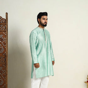 Light Green Slub Silk Kurta for Men with Detailed Neckline Work