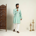 Light Green Slub Silk Kurta for Men with Detailed Neckline Work
