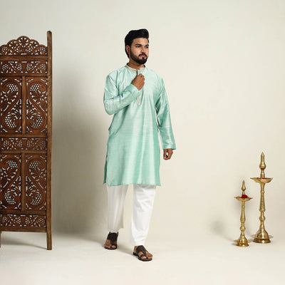 Light Green Slub Silk Kurta for Men with Detailed Neckline Work