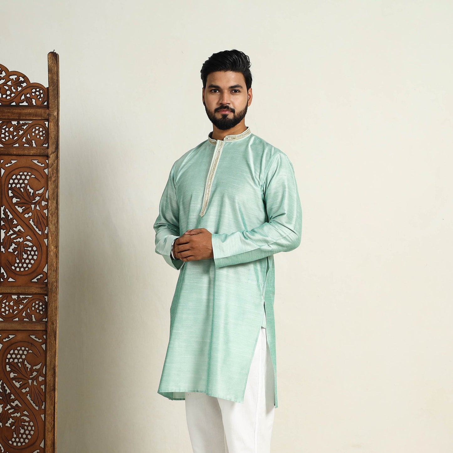 Light Green Slub Silk Kurta for Men with Detailed Neckline Work