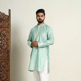 Light Green Slub Silk Kurta for Men with Detailed Neckline Work