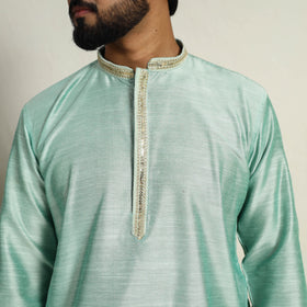 Light Green Slub Silk Kurta for Men with Detailed Neckline Work