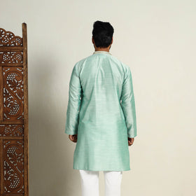 Light Green Slub Silk Kurta for Men with Detailed Neckline Work