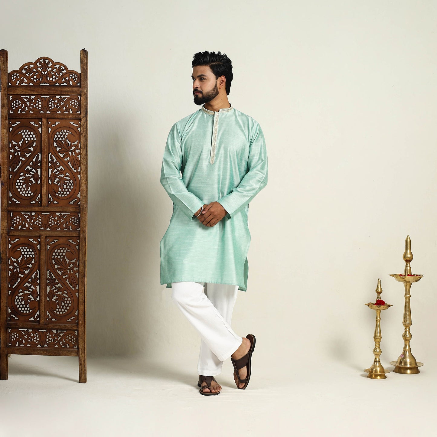Light Green Slub Silk Kurta for Men with Detailed Neckline Work