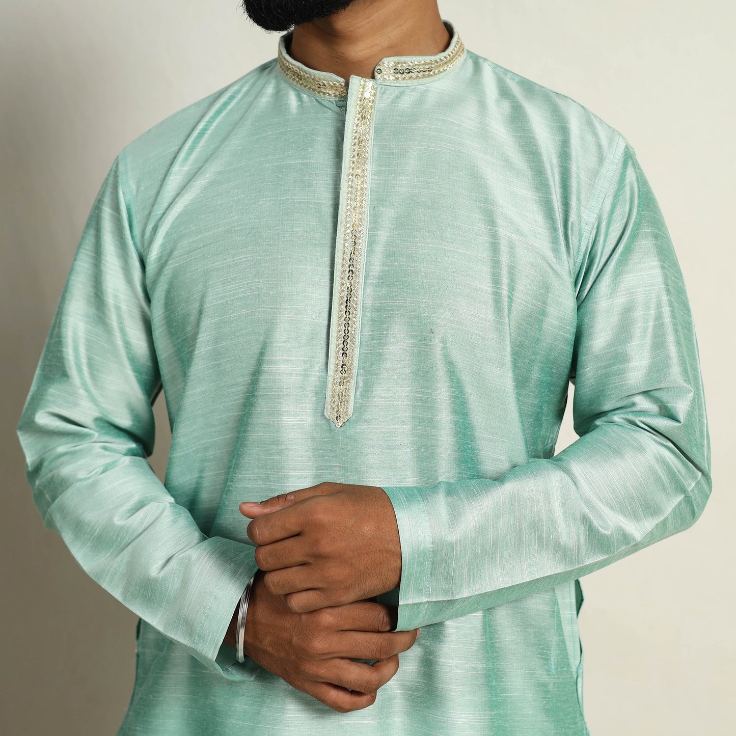 Light Green Slub Silk Kurta for Men with Detailed Neckline Work
