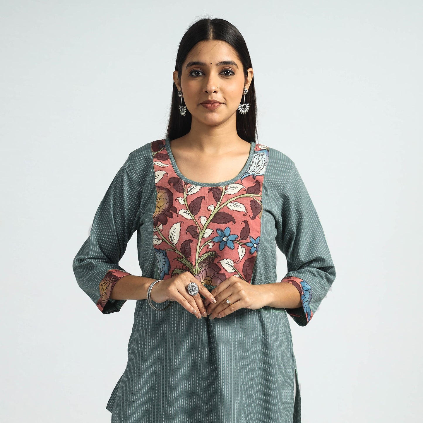 Buy Srikalahasti Kalamkari Patchwork Running Stitch Plain Cotton Long Kurta Online at iTokri.com