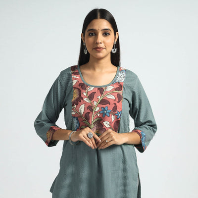 Buy Srikalahasti Kalamkari Patchwork Running Stitch Plain Cotton Long Kurta Online at iTokri.com