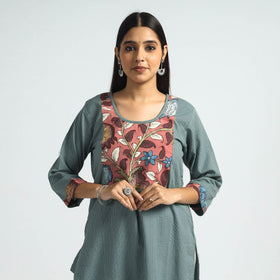 Buy Srikalahasti Kalamkari Patchwork Running Stitch Plain Cotton Long Kurta Online at iTokri.com