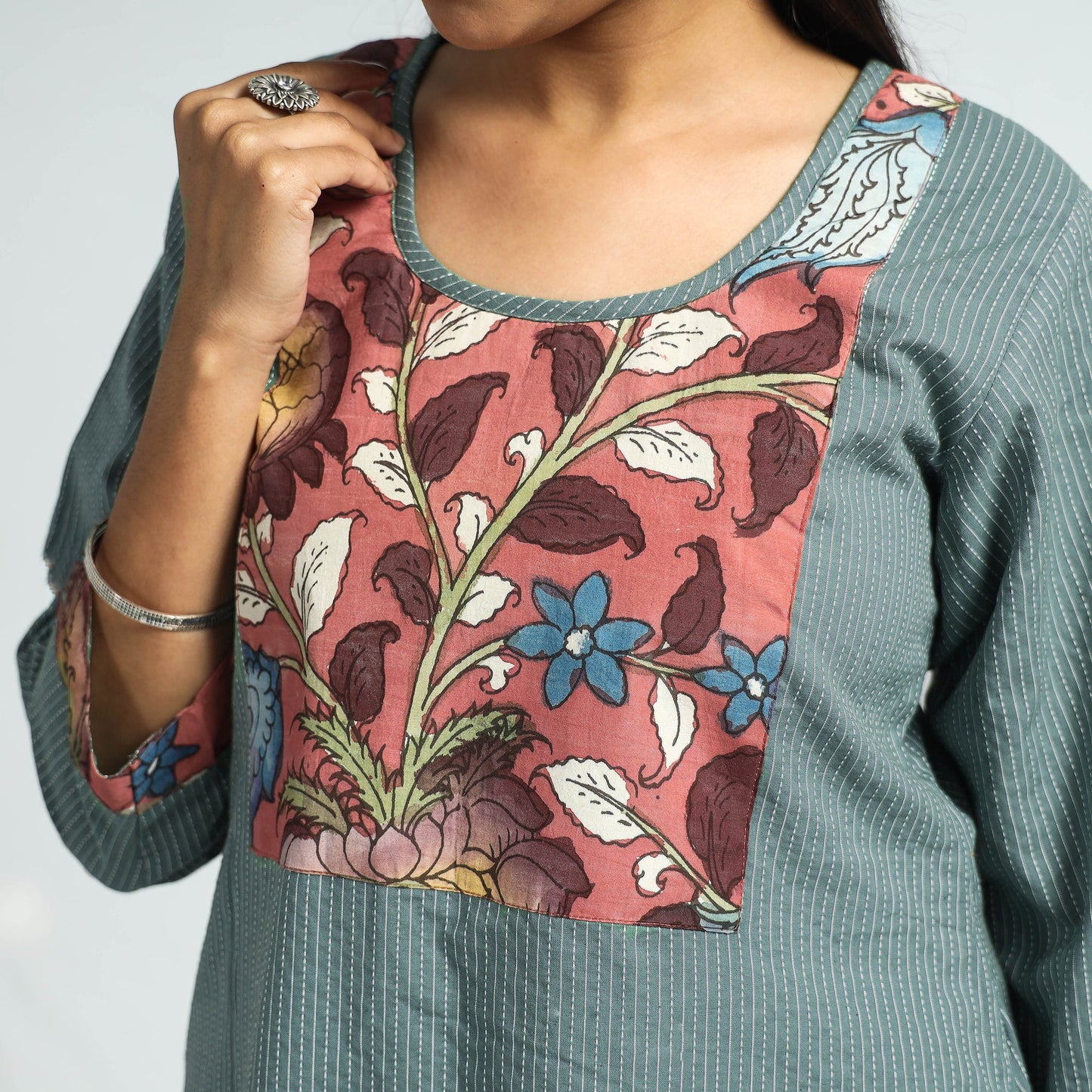 Buy Srikalahasti Kalamkari Patchwork Running Stitch Plain Cotton Long Kurta Online at iTokri.com