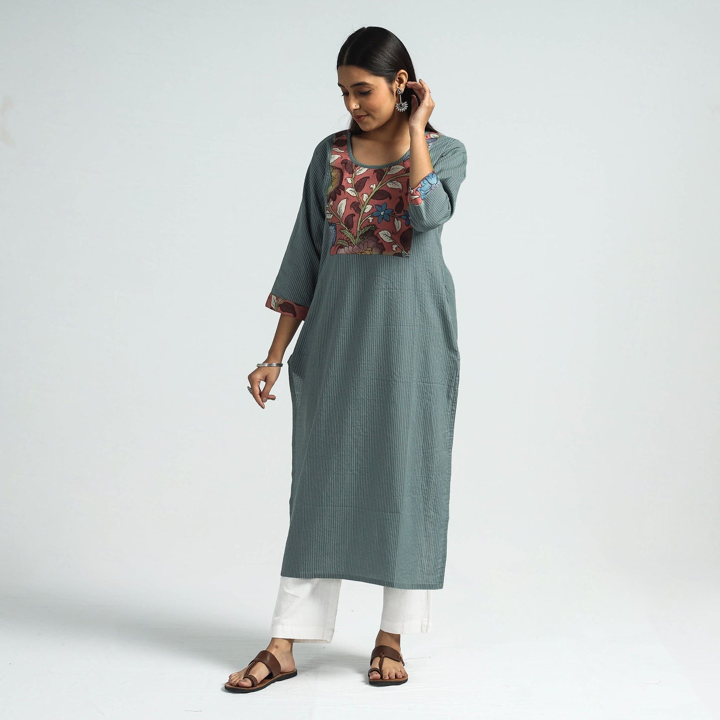 Buy Srikalahasti Kalamkari Patchwork Running Stitch Plain Cotton Long Kurta Online at iTokri.com