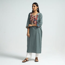 Buy Srikalahasti Kalamkari Patchwork Running Stitch Plain Cotton Long Kurta Online at iTokri.com