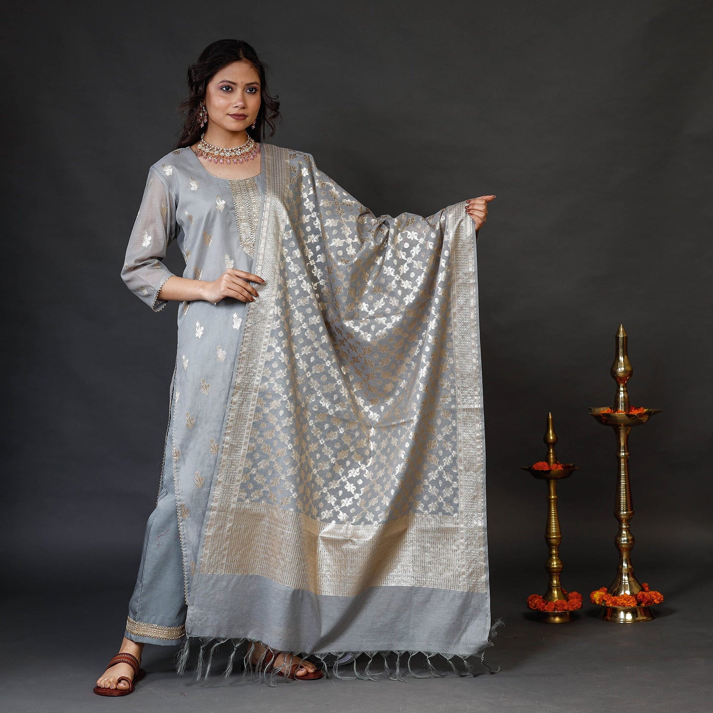 Light Grey Banarasi Silk Cotton Kurta with Palazzo & Dupatta Set