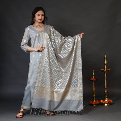 Light Grey Banarasi Silk Cotton Kurta with Palazzo & Dupatta Set