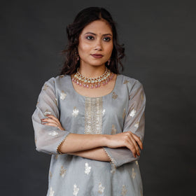 Light Grey Banarasi Silk Cotton Kurta with Palazzo & Dupatta Set