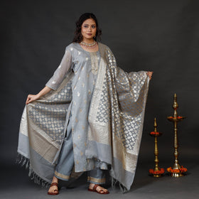 Light Grey Banarasi Silk Cotton Kurta with Palazzo & Dupatta Set