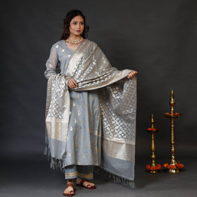 Light Grey Banarasi Silk Cotton Kurta with Palazzo & Dupatta Set