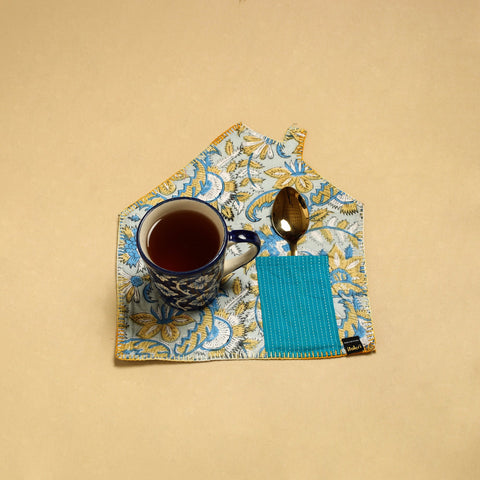 Light Grey Hand Embroidered Floral Pot Holder with Pocket 