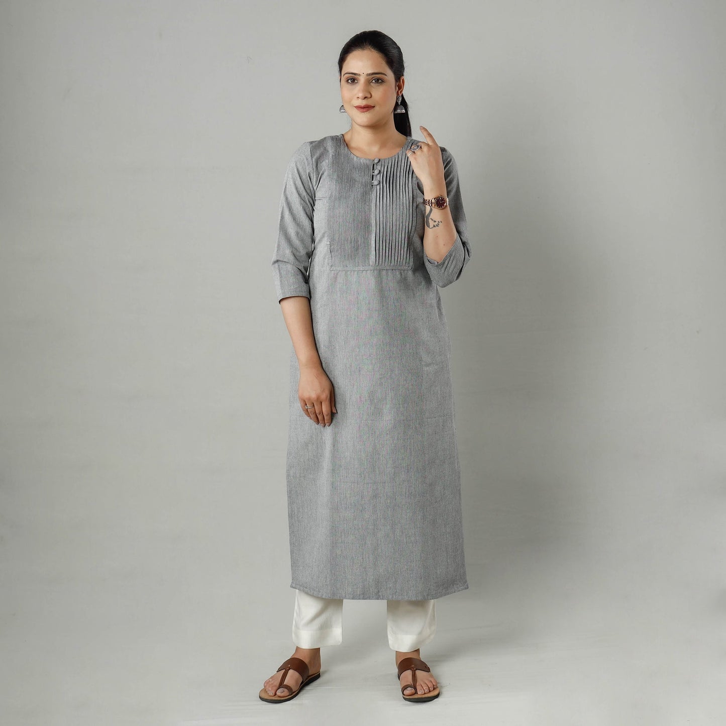  Plain Jhiri Handloom Cotton Pintuck Long Kurta Online 