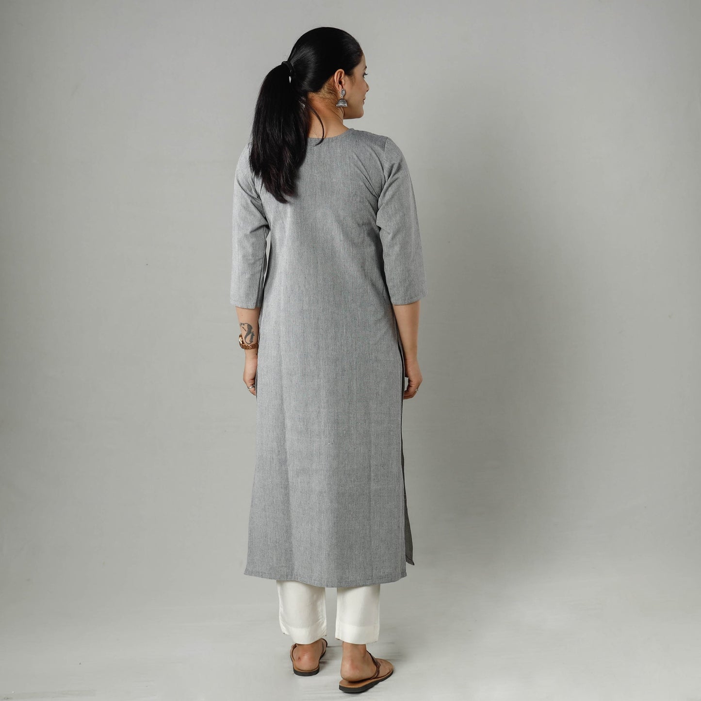  Plain Jhiri Handloom Cotton Pintuck Long Kurta Online 