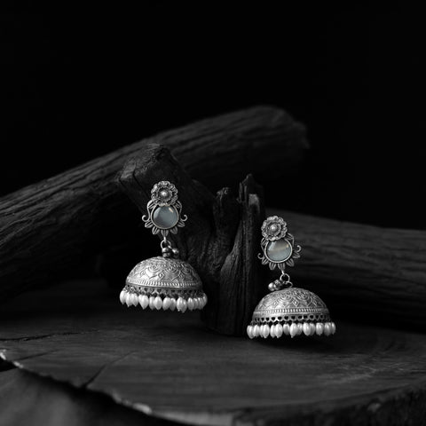 Light grey - saanjh bela flower & leaves oxidised jhumka