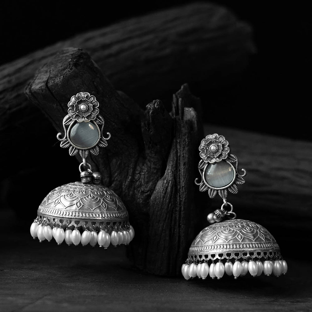 Light grey - saanjh bela flower & leaves oxidised jhumka