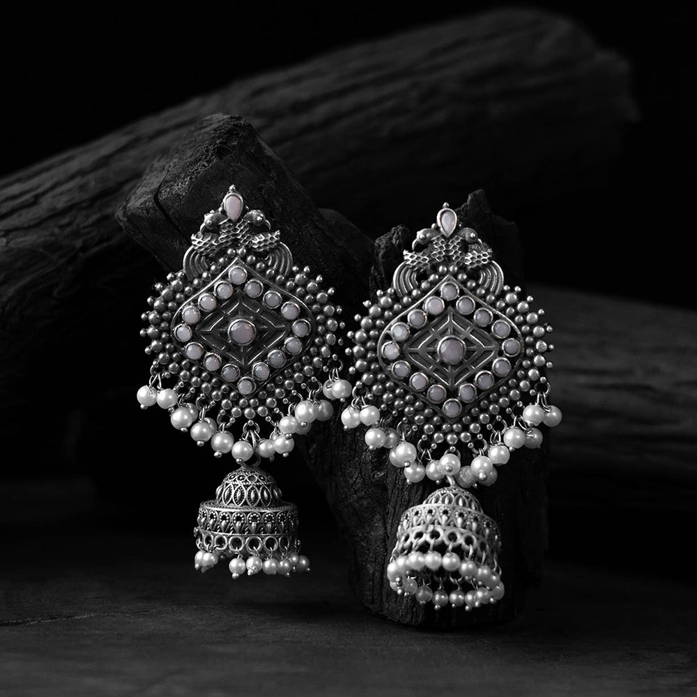 Light grey - saanjh bela mayur oxidised jhumka earrings