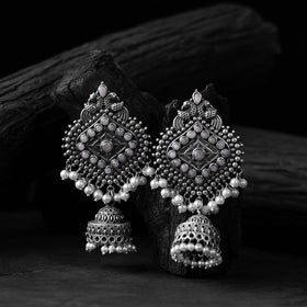Light grey - saanjh bela mayur oxidised jhumka earrings
