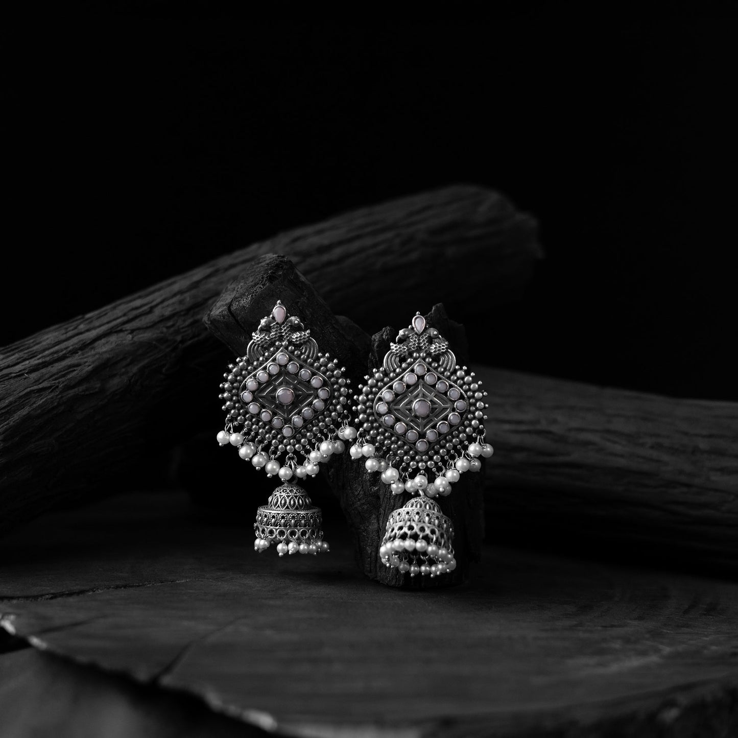 Light grey - saanjh bela mayur oxidised jhumka earrings