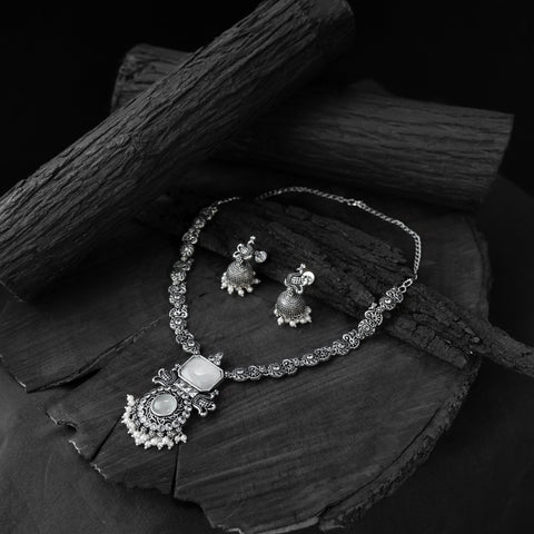 Light grey - saanjh bela peacock oxidised necklace set